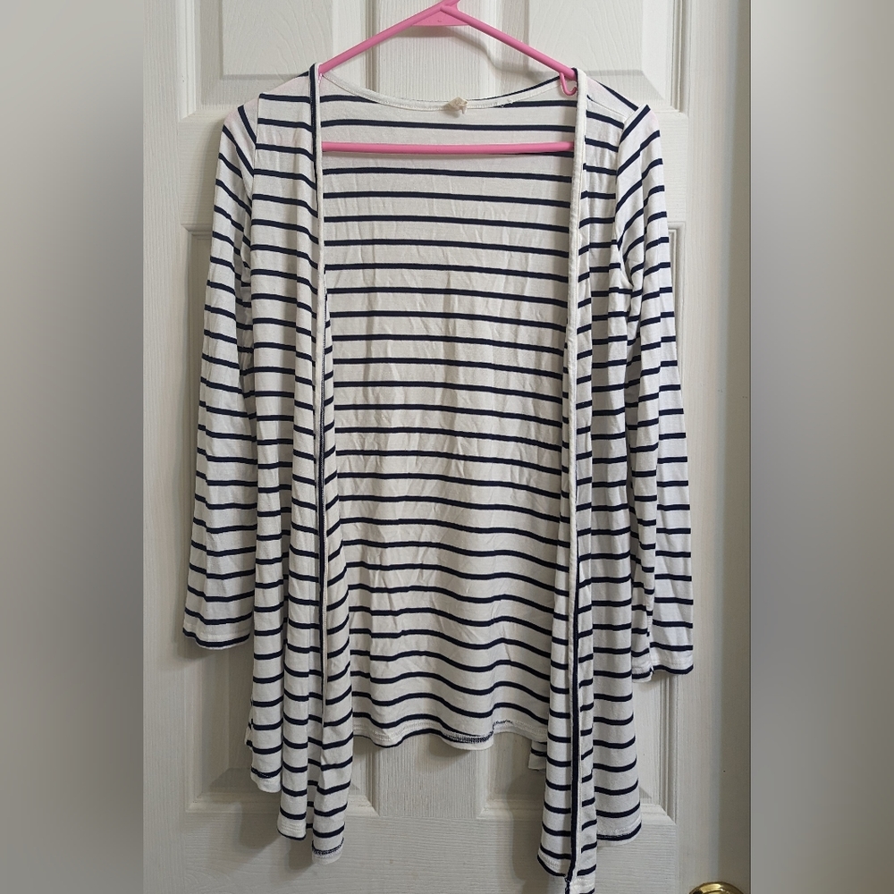 Thin white cardigan with blue stripes.Size medium.